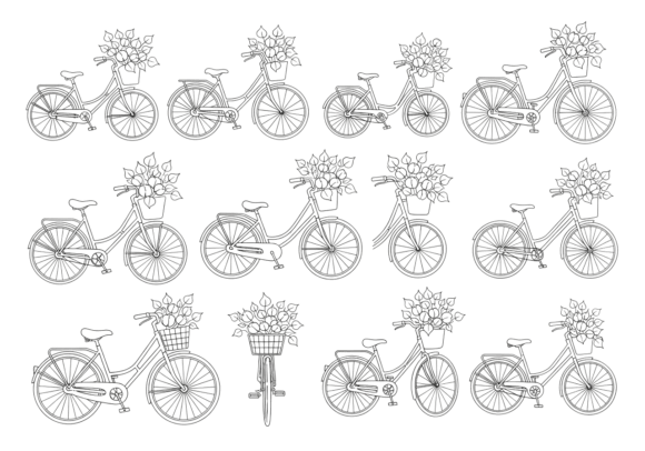 Floral Bicycle Line Art Clipart and SVG