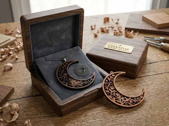 Floral Crescent Moon Pendant Laser Cut
