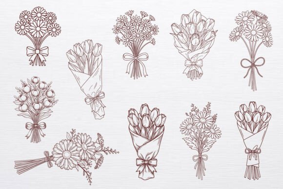 Wedding Flower Bouquet Line Art SVG Set